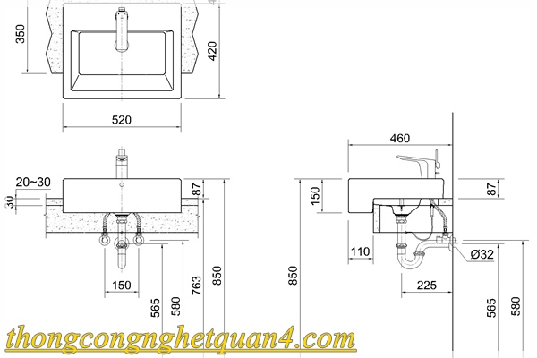 k&iacute;ch thước c&aacute;c loại lavabo